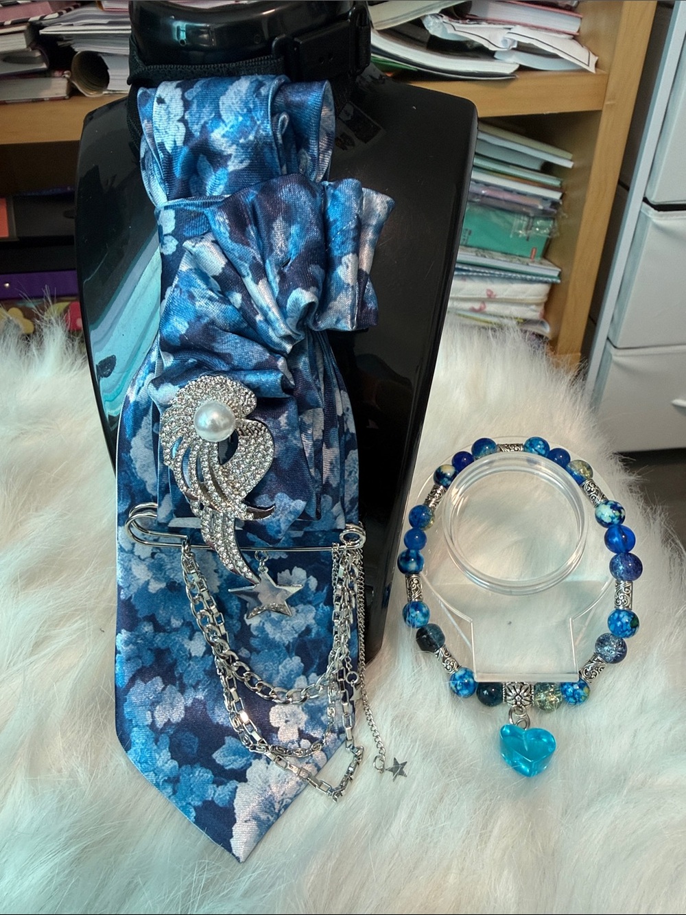 Junk Tie Silky blue and White with Silver brooch